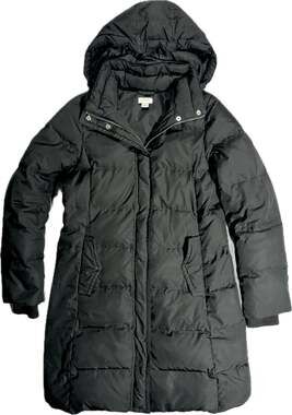 J CREW Sz XS Long Knee Length Down Coat Hooded Puffer Jacket Parka Black